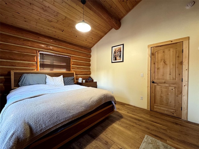 bedroom with log walls, wood ceiling, lofted ceiling with beams, and wood finished floors