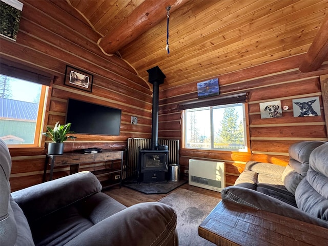 living room with a healthy amount of sunlight, wooden ceiling, a wood stove, and wood finished floors