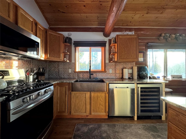 kitchen with open shelves, tasteful backsplash, stainless steel appliances, wine cooler, and wooden ceiling