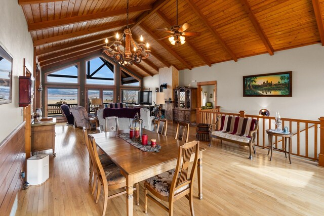 dining area with beamed ceiling, high vaulted ceiling, wood ceiling, and light wood-style flooring