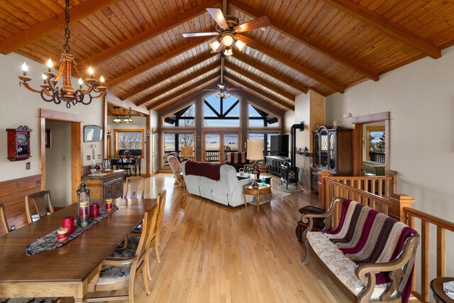dining room with high vaulted ceiling, beamed ceiling, wood ceiling, and wood finished floors
