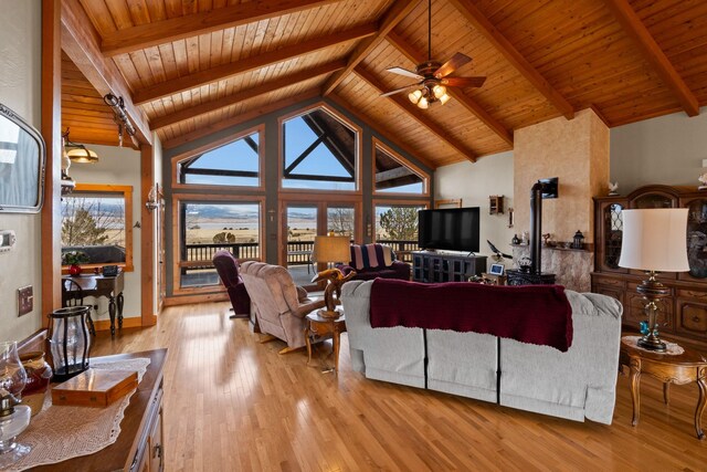 living room with beamed ceiling, wooden ceiling, a wood stove, wood finished floors, and high vaulted ceiling