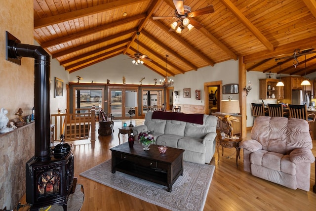 living area with wooden ceiling, a wood stove, and light wood finished floors