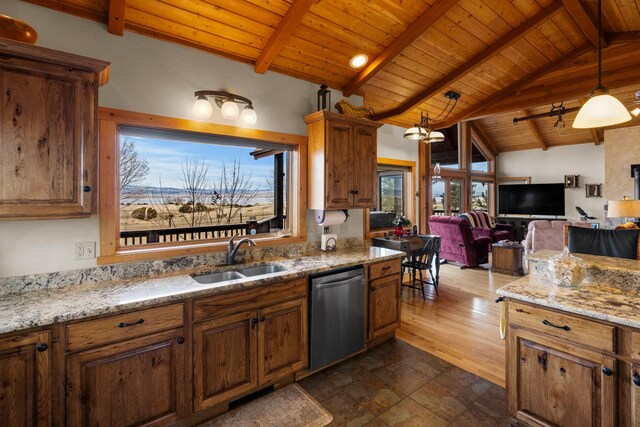 kitchen with a sink, dishwasher, lofted ceiling with beams, and a healthy amount of sunlight