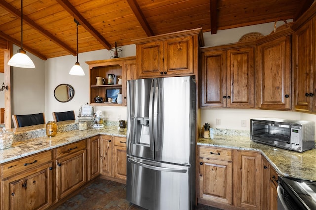 kitchen with brown cabinets, open shelves, stainless steel appliances, wooden ceiling, and hanging light fixtures