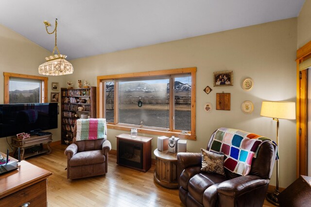 living area featuring hardwood / wood-style flooring and vaulted ceiling