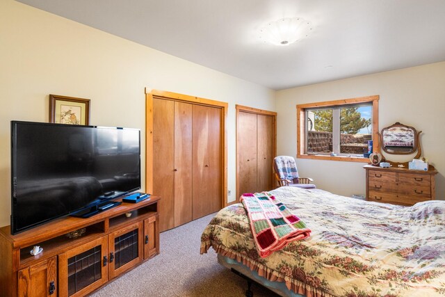 bedroom with carpet floors and two closets