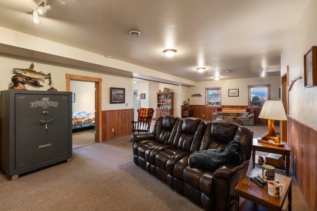 carpeted living room with a wainscoted wall and wood walls