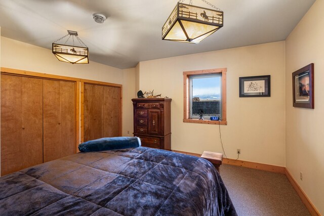 bedroom with carpet, baseboards, and a closet