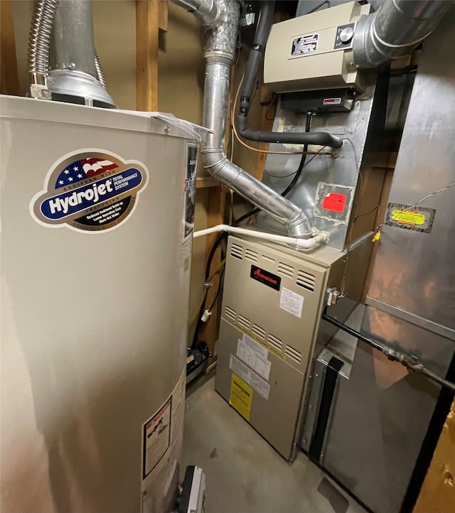 utility room with gas water heater and heating unit