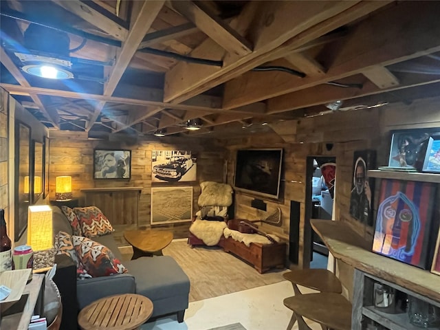 unfinished basement featuring wood walls