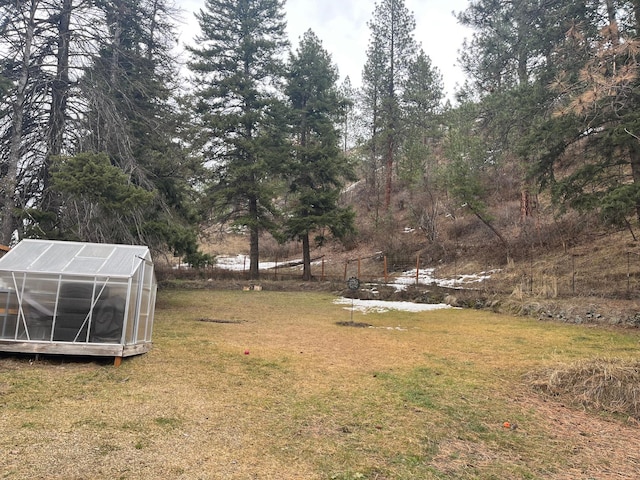 view of yard featuring a greenhouse and an outbuilding