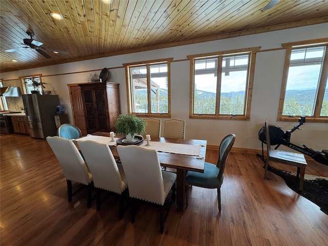 dining space featuring wooden ceiling, wood finished floors, and a healthy amount of sunlight