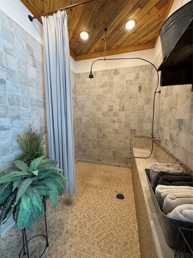 full bathroom with recessed lighting, wooden ceiling, and a tile shower