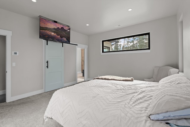 bedroom featuring visible vents, recessed lighting, baseboards, and carpet floors