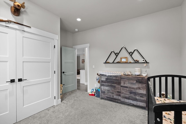 bedroom featuring recessed lighting and carpet floors