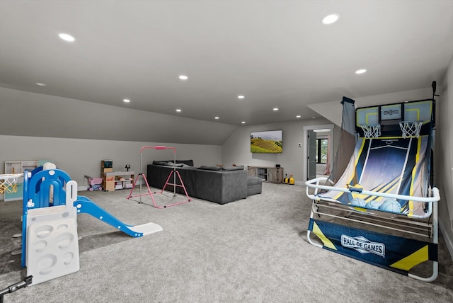 rec room featuring carpet flooring, recessed lighting, and lofted ceiling