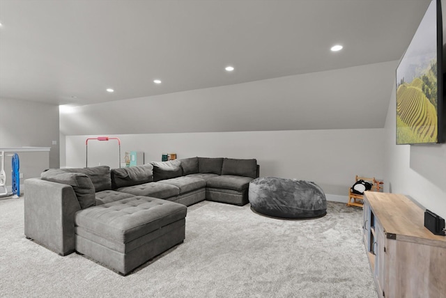 living room with recessed lighting, baseboards, lofted ceiling, and carpet flooring