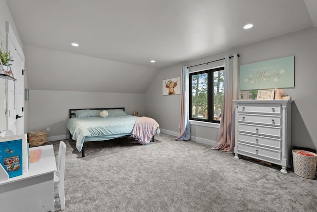 carpeted bedroom featuring vaulted ceiling, recessed lighting, and baseboards