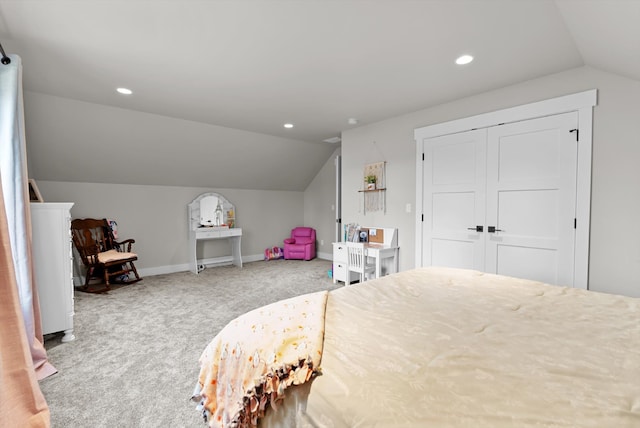 bedroom featuring vaulted ceiling, recessed lighting, baseboards, and carpet floors