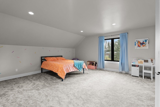 bedroom featuring carpet flooring, recessed lighting, lofted ceiling, and baseboards