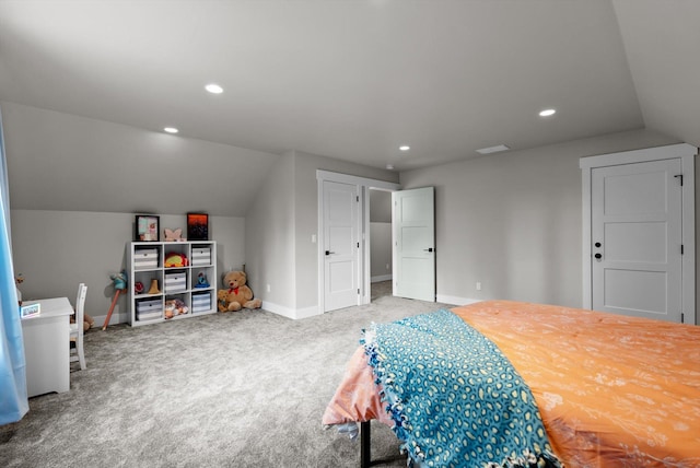 bedroom featuring carpet flooring, recessed lighting, baseboards, and lofted ceiling