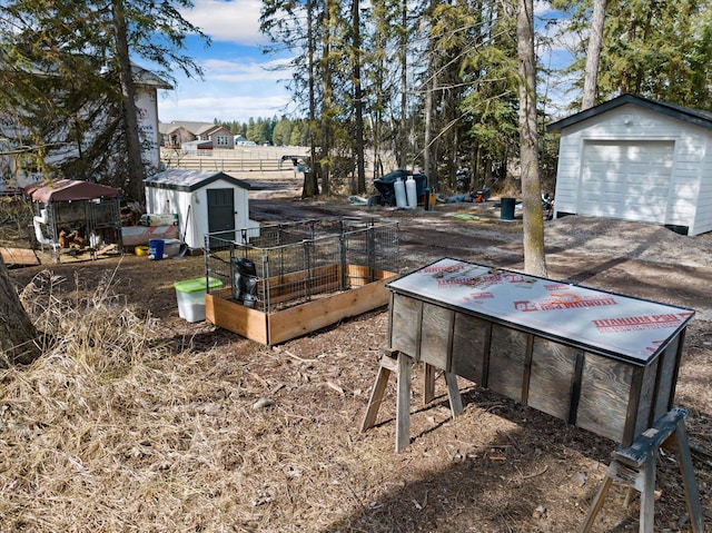 view of yard featuring an outbuilding, a garage, and a vegetable garden