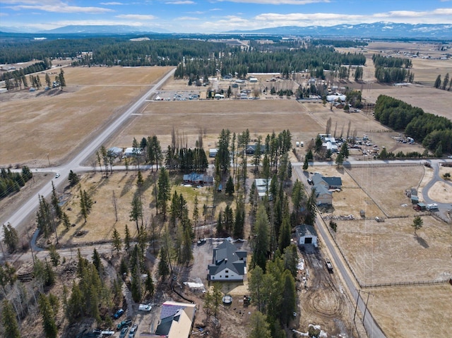 drone / aerial view featuring a rural view and a mountain view