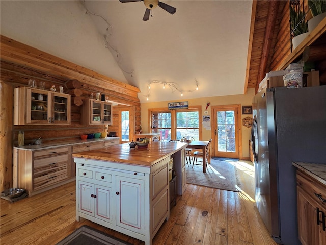 17 Mountain View Rd, Trout Creek, MT 59874 - kitchen with freestanding refrigerator, butcher block counters, light wood-type flooring, lofted ceiling, and ceiling fan