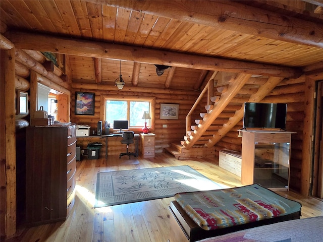 17 Mountain View Rd, Trout Creek, MT 59874 - office featuring log walls, light wood-style flooring, and a wooden ceiling with exposed beams