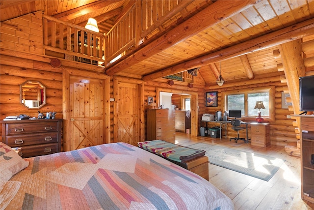17 Mountain View Rd, Trout Creek, MT 59874 - bedroom featuring rustic walls, hardwood / wood-style floors, a desk, and wood ceiling