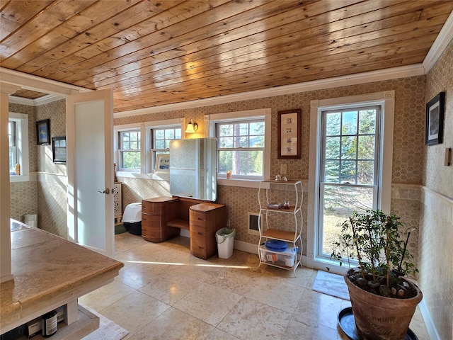 17 Mountain View Rd, Trout Creek, MT 59874 - bathroom with wallpapered walls, crown molding, and wood ceiling