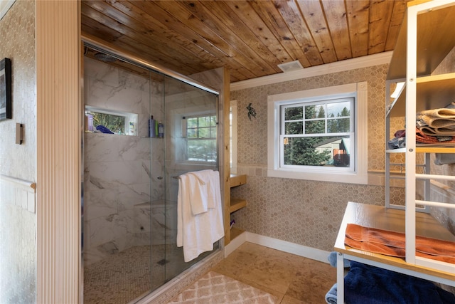 17 Mountain View Rd, Trout Creek, MT 59874 - bathroom featuring wallpapered walls, wood ceiling, a marble finish shower, and crown molding