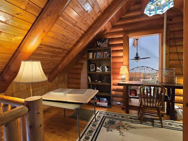 17 Mountain View Rd, Trout Creek, MT 59874 - office space with rustic walls, hardwood / wood-style flooring, wooden ceiling, and ceiling fan