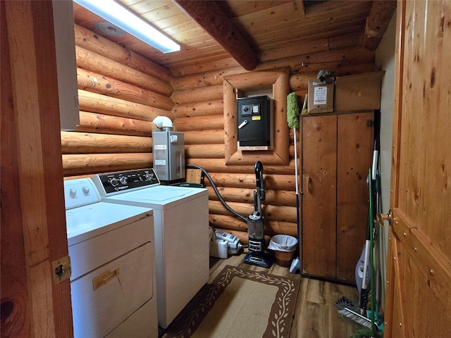 17 Mountain View Rd, Trout Creek, MT 59874 - washroom featuring wooden ceiling, light wood-style flooring, washing machine and clothes dryer, and log walls