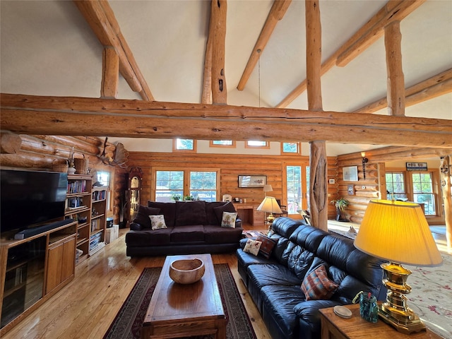 17 Mountain View Rd, Trout Creek, MT 59874 - living area featuring rustic walls, light wood-style floors, high vaulted ceiling, and beamed ceiling