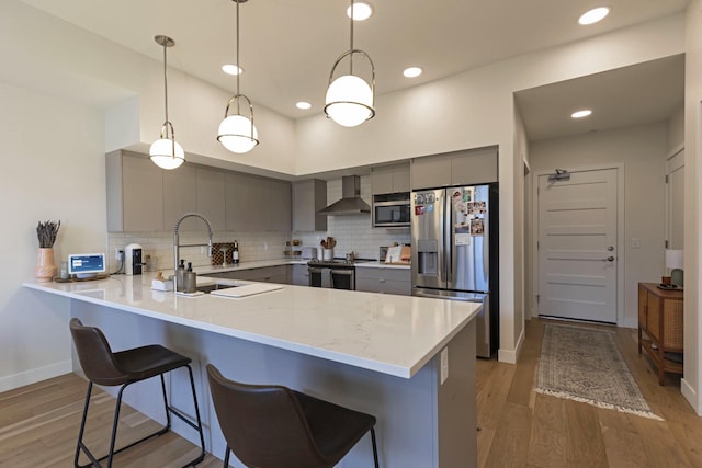 kitchen featuring gray cabinetry, wall chimney range hood, appliances with stainless steel finishes, a peninsula, and a sink