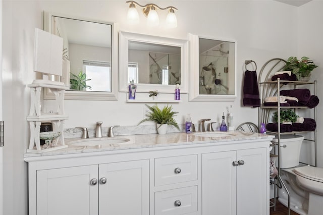 bathroom with a sink, toilet, a stall shower, and double vanity