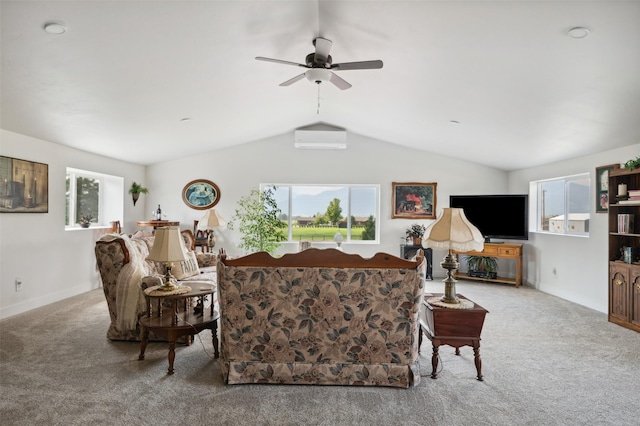 living room featuring carpet floors, an AC wall unit, a ceiling fan, and vaulted ceiling