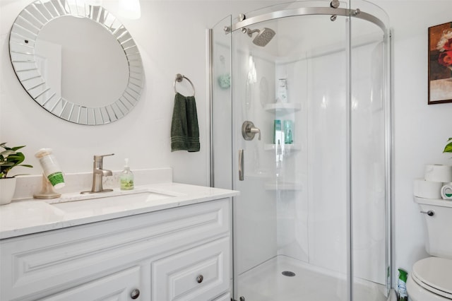 bathroom featuring vanity, a shower stall, and toilet