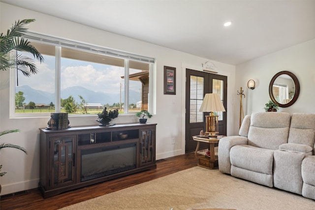 living room featuring a glass covered fireplace, a mountain view, baseboards, and wood finished floors