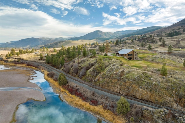 birds eye view of property featuring a water and mountain view