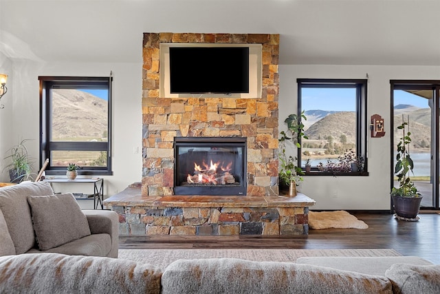 living area with baseboards, a stone fireplace, and wood finished floors