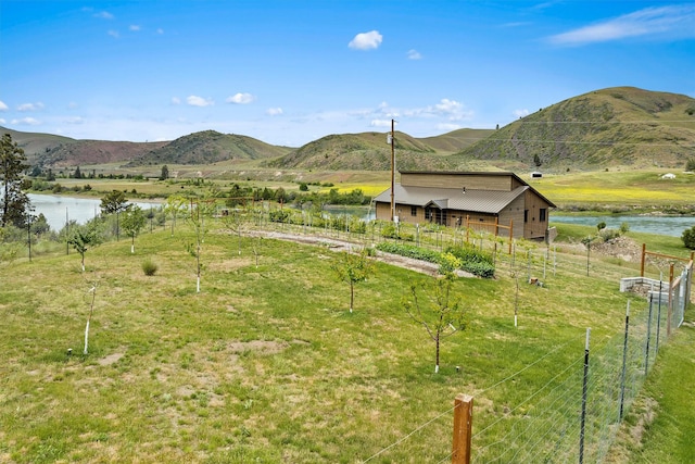 mountain view featuring a rural view and a water view