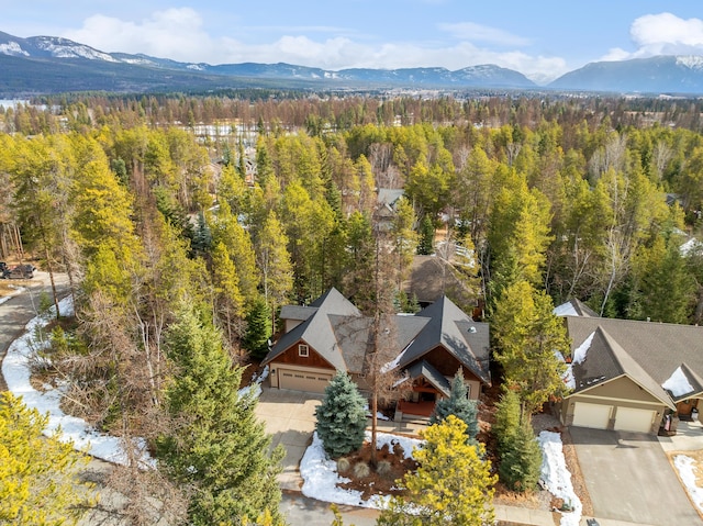 aerial view with a mountain view and a view of trees