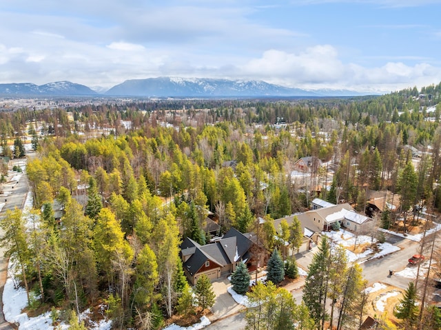 drone / aerial view featuring a mountain view and a view of trees