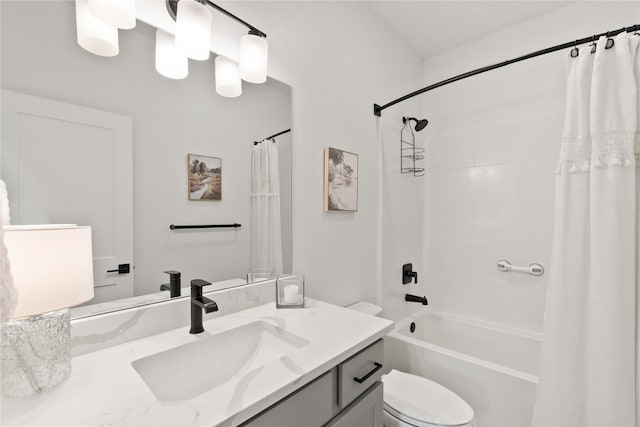 bathroom with toilet, vanity, and shower / bathtub combination with curtain