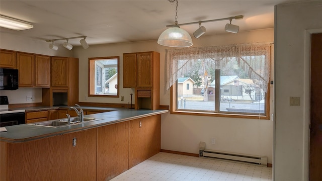 kitchen with brown cabinetry, a sink, electric stove, black microwave, and a baseboard heating unit