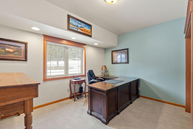 office space with recessed lighting, light colored carpet, and baseboards