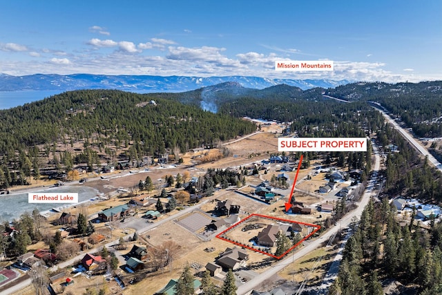 aerial view featuring a mountain view and a view of trees